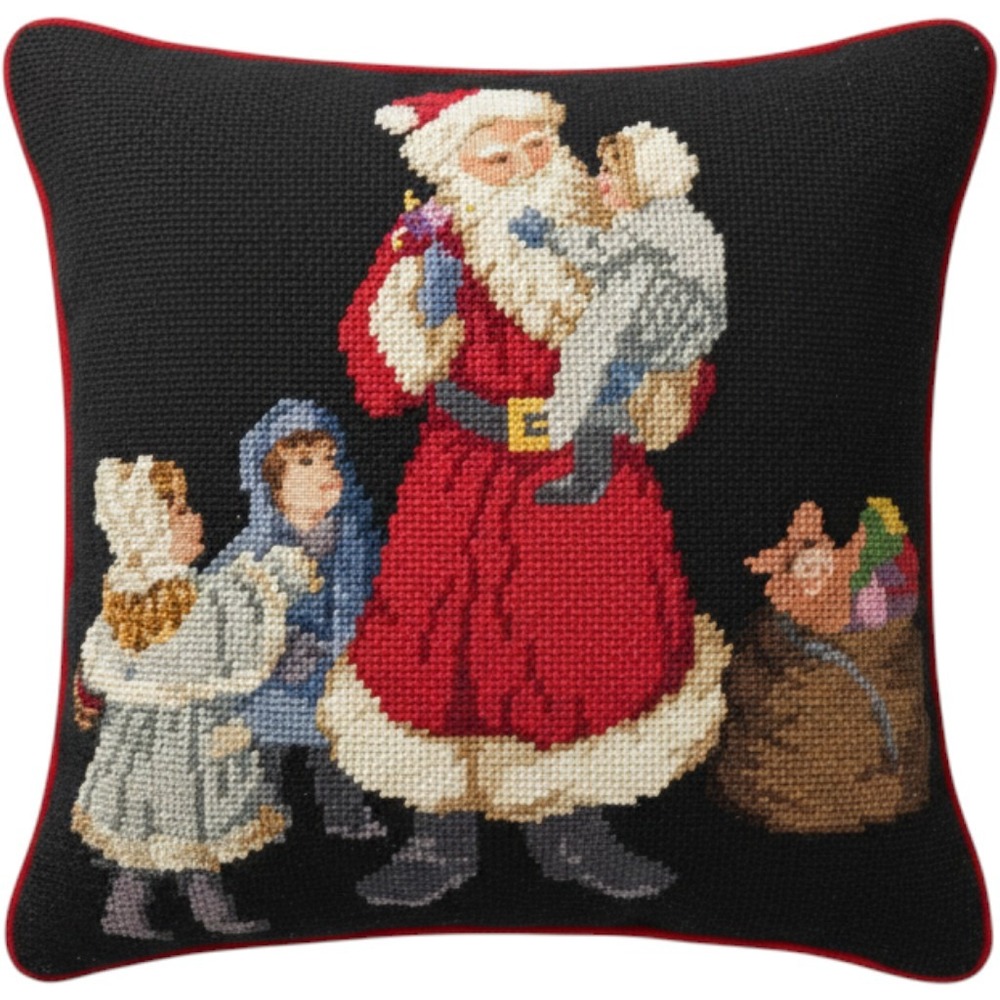 Vintage Style Needlepoint Christmas Santa Claus Throw Pillow Red Velvet 12x12
